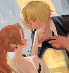 Rule 34 | 1boy, 1girl, black dress, black suit, blonde hair, blue eyes, blush, breasts, brown hair, charlotte pudding, couple, curly eyebrows, dress, earrings, facial hair, formal, full-face blush, hetero, holding hands, jacket, jewelry, long hair, looking at another, one piece, rita ya, sanji (one piece), short hair, suit, third eye, twintails, wavy mouth