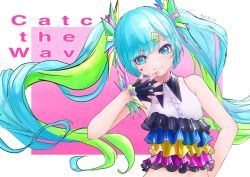 Rule 34 | 1girl, black gloves, blue hair, closed mouth, collared shirt, crop top, dress, dress shirt, facial mark, fingerless gloves, floating hair, gloves, green hair, hair ornament, hairclip, hatsune miku, heart, highres, katorea, layered skirt, leaning to the side, long hair, looking at viewer, midriff, multicolored hair, nail polish, pink background, pink nails, shirt, skirt, sleeveless, sleeveless dress, smile, solo, song name, stomach, two-tone hair, upper body, very long hair, white dress, wing collar