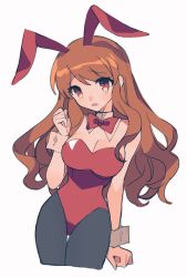 Rule 34 | 1girl, animal ears, asahina mikuru, black pantyhose, bow, bowtie, breasts, cleavage, collar, commentary request, detached collar, fake animal ears, highres, large breasts, leotard, long hair, mochoeru, official alternate costume, open mouth, orange eyes, orange hair, pantyhose, playboy bunny, rabbit ears, red bow, red bowtie, red leotard, simple background, solo, suzumiya haruhi no yuuutsu, white background, white collar, wrist cuffs