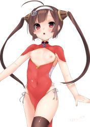 Rule 34 | 1girl, absurdres, ahoge, anchor hair ornament, azur lane, bad id, bad pixiv id, bare arms, black thighhighs, bow, breasts, breasts out, brown hair, covered navel, cowboy shot, hair bow, hair ornament, hairband, highres, long hair, looking at viewer, nipples, panties, ping hai (azur lane), red eyes, short hair with long locks, short sleeves, side-tie panties, simple background, single thighhigh, small breasts, solo, takio (kani sama), thighhighs, twintails, underwear, white background, white hairband, white panties
