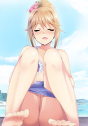 Rule 34 | 10s, 1girl, bare shoulders, barefoot, bikini, bikini pull, blonde hair, blue bikini, blue sky, blush, breasts, censored, cleavage, cleft of venus, clothes pull, cloud, collarbone, day, closed eyes, feet, flower, frilled bikini, frills, front-tie top, hair bun, hair flower, hair ornament, highres, idolmaster, idolmaster million live!, kaiga, legs up, long hair, looking at viewer, medium breasts, mosaic censoring, navel, outdoors, pulling own clothes, pussy, single hair bun, sky, smile, solo, swimsuit, tenkuubashi tomoka, toes, undressing, water