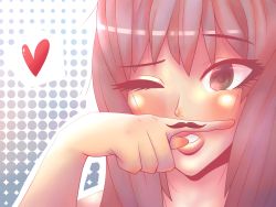 Rule 34 | 1girl, blush, fake facial hair, fake mustache, female focus, heart, highres, kurimbbang, looking at viewer, one eye closed, open mouth, original, simple background, solo, wink
