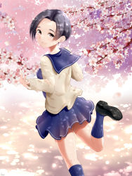 Rule 34 | 1girl, absurdres, arms up, black footwear, black hair, blue sailor collar, blue skirt, blue socks, blurry, branch, breasts, brown eyes, cardigan, cherry blossoms, dappled sunlight, day, depth of field, forehead, from above, from behind, highres, j.c.14, kneehighs, kobayakawa rinko, looking at viewer, looking back, love plus, medium breasts, neckerchief, open hand, open mouth, outdoors, pleated skirt, running, sailor collar, school uniform, serafuku, short hair, skirt, smile, socks, solo, sunlight, white neckerchief
