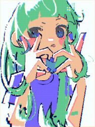 Rule 34 | 1girl, :p, aqua hair, backlighting, blue eyes, blue nails, blue shirt, blunt bangs, blurry, blush stickers, chromatic aberration, close-up, closed mouth, depth of field, fingernails, glitch, green hair, hair over shoulder, halftone, halftone texture, hands up, heart, heart hands, highres, jaggy lines, long hair, looking at viewer, looking to the side, nail polish, narrowed eyes, original, raised eyebrow, shirt, short bangs, short sleeves, solo, t-shirt, teru64, tongue, tongue out, uneven eyes, upper body, white background