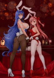 Rule 34 | 2girls, animal ears, ass, bare shoulders, bed, black neckwear, blue hair, blush, bottle, bow, bowtie, braid, breasts, brown eyes, brown gloves, brown legwear, closed mouth, collar, commentary request, detached collar, fake animal ears, girls&#039; frontline, gloves, hair between eyes, hair bow, hair ornament, hairband, half gloves, hand up, hexagram, high heels, highres, large breasts, leotard, long hair, looking at viewer, looking back, medium breasts, multiple girls, negev (girls&#039; frontline), nose blush, one side up, pantyhose, pillow, pink hair, playboy bunny, rabbit ears, rabbit tail, red bow, red eyes, red footwear, red hairband, red leotard, red neckwear, revision, saruton, shoes, side braid, single braid, smile, standing, star of david, strapless, strapless leotard, tail, tar-21 (girls&#039; frontline), very long hair, white collar, white footwear, white hairband, white legwear, white leotard, wrist cuffs