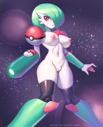 Rule 34 | 1girl, arm cannon, artist name, black thighhighs, blush, bob cut, boots, breasts, cleft of venus, collarbone, colored skin, creatures (company), female focus, game freak, gardevoir, gen 3 pokemon, green footwear, green hair, green nails, groin, hair over one eye, knee boots, large breasts, light blush, looking to the side, metroid, nail polish, navel, nintendo, nipples, nude, one eye covered, open mouth, patreon username, planet, poke ball, poke ball (basic), poke ball theme, pokemon, pokemon (creature), purple background, pussy, red eyes, shiny clothes, short hair, skindentation, solo, space, sparkle, star (sky), stomach, supersatanson, thighhighs, uncensored, watermark, weapon, web address, white skin, wide hips