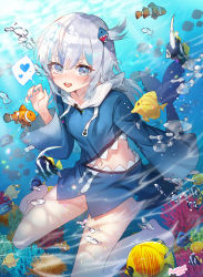 Rule 34 | 1girl, air bubble, apple caramel, artist name, barefoot, blue eyes, blue hair, blue nails, blue skirt, blue tang fish, blush, bubble, butterflyfish, clownfish, coral, coral reef, fins, fish, fish tail, gawr gura, hair ornament, heart, highres, hololive, hololive english, hood, hood down, hoodie, looking at viewer, multicolored hair, nail polish, navel, shark tail, sharp teeth, silver hair, skirt, smile, spoken heart, streaked hair, surgeonfish, tail, teeth, tropical fish, underwater, virtual youtuber, wide sleeves