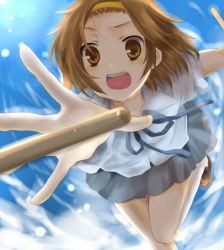 Rule 34 | 1girl, bad id, bad pixiv id, brown eyes, brown hair, hairband, k-on!, kneehighs, loafers, open mouth, outstretched arm, outstretched hand, reaching, round teeth, school uniform, shoes, short hair, skirt, socks, solo, suzuka (rose coffee), tainaka ritsu, teeth, white socks