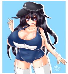 Rule 34 | 10s, 1girl, akatsuki (kancolle), alternate breast size, ayazumi flutter, black eyes, black hair, blue one-piece swimsuit, blush, breasts, cleavage, collarbone, female focus, hat, huge breasts, kantai collection, long hair, looking at viewer, one-piece swimsuit, plump, school swimsuit, sideboob, simple background, solo, standing, swimsuit, thighhighs, v, white thighhighs