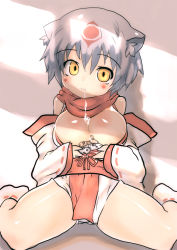 Rule 34 | 1girl, animal ears, bad id, bad pixiv id, breasts, cleavage, japanese clothes, large breasts, miko, rondo bell, saliva, solo, spread legs, white hair, yellow eyes
