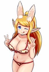 Rule 34 | 1girl, ;q, animal ears, blonde hair, blue eyes, blush, bra, breasts, cleavage, collarbone, commentary, cowboy shot, double v, etrian odyssey, extra ears, floral print, highres, large breasts, long hair, looking at viewer, nav (itsnav), navel, one eye closed, paladin (sekaiju), paladin 2 (sekaiju), panties, pointy ears, ponytail, print bra, print panties, rabbit ears, simple background, smile, solo, tongue, tongue out, underwear, underwear only, v, white background