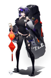 Rule 34 | 1girl, absurdres, alternate breast size, andreana (arknights), andreana (elite ii) (arknights), arknights, bare shoulders, black choker, black jacket, black pants, black shirt, breasts, case, chinese new year, choker, eyeshadow, flashbang, full body, fur trim, goggles, goggles on head, hand up, highres, hip vent, holding, ice cream cone, id card, impossible clothes, impossible shirt, jacket, large breasts, leggings, long sleeves, looking at viewer, makeup, midriff, off shoulder, open clothes, open jacket, pants, purple eyes, purple hair, shirt, shoes, short hair, sideboob, simple background, sleeveless, sleeveless shirt, solo, standing, tail, taut clothes, taut shirt, tentacles, white background, yushe quetzalli