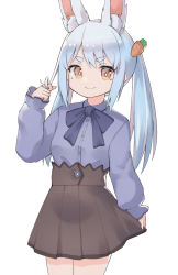 Rule 34 | 1girl, alternate costume, alternate hairstyle, animal ear fluff, animal ears, blue bow, blue bowtie, blue hair, blue shirt, bow, bowtie, brown skirt, carrot hair ornament, cowboy shot, extra ears, food-themed hair ornament, hair ornament, twirling hair, highres, hololive, long hair, long sleeves, looking at viewer, orange eyes, puffy sleeves, rabbit-shaped pupils, rabbit ears, rabbit girl, shirt, sidelocks, simple background, skirt, solo, standing, symbol-shaped pupils, thick eyebrows, twintails, usada pekora, v-shaped eyebrows, virtual youtuber, white background, yumoto motoyu