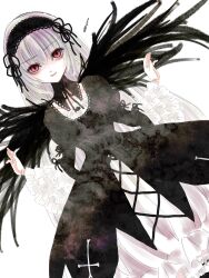 Rule 34 | 1girl, black dress, black hairband, black wings, doll joints, dress, feet out of frame, frilled sleeves, frills, gothic lolita, grey hair, hairband, highres, joints, kiru (m putorius), lolita fashion, long hair, looking at viewer, parted lips, pink eyes, rozen maiden, simple background, sketch, smile, solo, suigintou, white background, wings