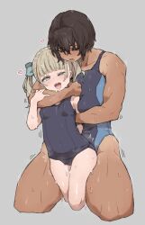 Rule 34 | 2girls, arm around neck, blonde hair, blue eyes, blue one-piece swimsuit, breast press, breasts, brown hair, closed eyes, competition school swimsuit, dark-skinned female, dark skin, heart, height difference, highres, holding another&#039;s arm, hug, hug from behind, kei (m k), large breasts, m k, multiple girls, muscular, muscular female, one-piece swimsuit, original, petite, rika (m k), saliva, school swimsuit, short hair, short twintails, simple background, size difference, small breasts, sweat, sweatdrop, swimsuit, tall, tall female, tan, thick thighs, thighs, tomboy, twintails, white background, yuri