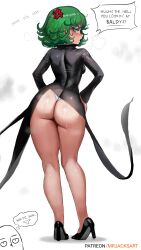 Rule 34 | 1boy, 1girl, absurdres, anger vein, ass, ass focus, back, bald, black dress, blush, breasts, curly hair, dress, from behind, green eyes, green hair, high heels, highres, huge ass, long sleeves, looking at viewer, looking back, median furrow, mrjack, one-punch man, panties, saitama (one-punch man), short hair, simple background, small breasts, solo focus, sweat, tatsumaki, thighs, underwear, very sweaty, white background, white panties