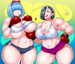 Rule 34 | 2girls, bayeuxman, blue hair, blush, boxing gloves, cleft of venus, earrings, elf-san wa yaserarenai., hair over eyes, hair over one eye, hand on own hip, headband, highres, hitome (elf-san wa yaserarenai.), horns, jewelry, multiple girls, oga (elf-san wa yaserarenai.), oni, oni horns, pointy ears, red eyes, single horn, thick thighs, thighs, tisinrei, wide hips