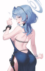Rule 34 | 1girl, absurdres, ako (blue archive), ako (dress) (blue archive), ass, backless dress, backless outfit, black hairband, blue archive, blue dress, blue eyes, blue hair, blue halo, blush, breasts, cowboy shot, cuffs, dress, earrings, goeleu, hairband, halo, handcuffs, highres, jewelry, large breasts, long hair, looking at viewer, looking back, official alternate costume, open mouth, simple background, sleeveless, sleeveless dress, solo, white background