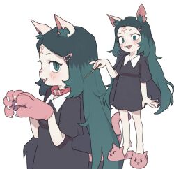 Rule 34 | 1girl, :3, animal ear fluff, animal ears, animal hands, animal nose, arm at side, black dress, blush, cat ears, cat tail, claire d&#039;lune, collar, commentary, dress, english commentary, fangs, flat chest, forehead tattoo, from side, full body, gloves, green eyes, green hair, hair ornament, hairclip, hand up, hands up, highres, holding, holding wand, long hair, looking at viewer, medium dress, messy hair, multicolored hair, multiple views, open mouth, opossumachine, paw gloves, pentagram, pink footwear, profile, red collar, short eyebrows, short sleeves, sidelocks, simple background, slippers, slit pupils, smile, straight hair, tail, the summoning, two-tone hair, upper body, v-shaped eyebrows, very long hair, wand, white background, white collar