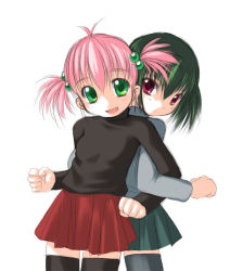 Rule 34 | 2girls, :d, antenna hair, back-to-back, black thighhighs, blush, bosshi, child, flat chest, green eyes, green hair, hair bobbles, hair ornament, locked arms, looking back, miniskirt, moe (bosshi), moe (character), moe (phrase), multiple girls, open mouth, original, pink hair, pleated skirt, red eyes, short hair, short twintails, simple background, skirt, smile, standing, thighhighs, turtleneck, twintails, yu (bosshi), zettai ryouiki