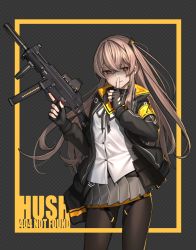 Rule 34 | 1girl, ahd, armband, black gloves, brown eyes, brown hair, finger to mouth, fingerless gloves, girls&#039; frontline, gloves, gun, h&amp;k ump, h&amp;k ump, hair between eyes, hair ornament, half-closed eyes, heckler &amp; koch, highres, holding, holding gun, holding weapon, hood, hood down, hooded jacket, index finger raised, jacket, long hair, looking at viewer, multiple girls, one side up, pantyhose, parted lips, pleated skirt, pouch, scar, scar across eye, scar on face, shaded face, shirt, shushing, sidelocks, signature, skirt, smile, solo, submachine gun, thigh strap, trigger discipline, ump45 (girls&#039; frontline), weapon, white shirt, yellow eyes