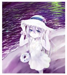 Rule 34 | 1girl, beach, blue eyes, blush, closed mouth, dress, enemy lifebuoy (kancolle), hair between eyes, hat, highres, kantai collection, long hair, looking at viewer, looking up, new submarine princess, ocean, pale skin, smile, solo, sowamame, straw hat, white dress, white hair
