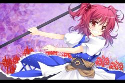 Rule 34 | &gt;:d, 1girl, :d, belt, blue dress, blush, dress, female focus, grin, hair bobbles, hair ornament, highres, kusano (torisukerabasu), letterboxed, onozuka komachi, open mouth, polearm, red eyes, red hair, smile, solo, touhou, twintails, two side up, v-shaped eyebrows, weapon