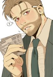 Rule 34 | 1boy, bad id, bad twitter id, beard, blush, breasts, brown hair, cigarette, close-up, confused, ear piercing, earrings, facial hair, highres, jacket, jewelry, kkeiogh88, looking at viewer, male focus, necktie, original, paper, piercing, red eyes, shirt, solo, speech bubble, tusks