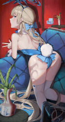 Rule 34 | 1girl, absurdres, all fours, animal ears, ass, backless leotard, bare shoulders, bent over, blonde hair, blue archive, blue bow, blue eyes, blue hairband, blue leotard, bow, bowtie, braid, breasts, couch, detached collar, fake animal ears, fake tail, hairband, high heels, highleg, highleg leotard, highres, leotard, long hair, looking back, medium breasts, official alternate costume, official alternate hairstyle, plant, playboy bunny, potted plant, rabbit ears, rabbit tail, solo, tail, thighhighs, thighs, toki (blue archive), toki (bunny) (blue archive), very long hair, w, white thighhighs, wrist cuffs, yunkkker