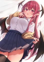 Rule 34 | 1girl, :p, alternate costume, black thighhighs, blue skirt, blush, breasts, cardigan, commentary request, contemporary, cowboy shot, demon wings, head wings, highres, koakuma, large breasts, long hair, long sleeves, looking at viewer, miniskirt, open cardigan, open clothes, pink eyes, pleated skirt, pointy ears, red hair, school uniform, shirt, skirt, skirt hold, solo, standing, thighhighs, thighs, tongue, tongue out, touhou, very long hair, white shirt, wings, wowoguni, yellow cardigan