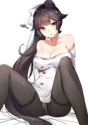 Rule 34 | 1girl, arms behind back, azur lane, bare shoulders, black hair, black pantyhose, blunt bangs, blush, breasts, buttons, cleavage, collarbone, double-breasted, dress, hair ribbon, high ponytail, knees up, large breasts, long hair, looking at viewer, luse maonang, panties, panties under pantyhose, pantyhose, pantyshot, parted lips, ribbon, simple background, sitting, solo, squiggle, takao (azur lane), thighband pantyhose, torn clothes, torn dress, tsurime, underwear, upskirt, very long hair, white background, white dress, white ribbon, yellow eyes
