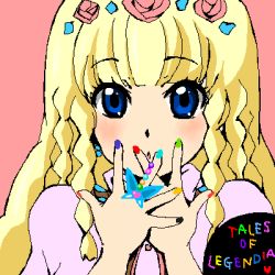 Rule 34 | 1girl, blonde hair, blue eyes, blush, braid, flower, long hair, lowres, nail polish, open mouth, pink background, rose, shirley fennes, tales of (series), tales of legendia