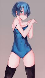 Rule 34 | 1girl, bare arms, bare shoulders, blue eyes, blue hair, blue one-piece swimsuit, breasts, cleavage, closed mouth, covered navel, gluteal fold, grey background, hair ornament, hair over one eye, highres, legs apart, looking at viewer, noccu, one-piece swimsuit, one eye covered, re:zero kara hajimeru isekai seikatsu, rem (re:zero), school swimsuit, short hair, simple background, skin tight, skindentation, solo, standing, strap slip, swimsuit, thighhighs, x hair ornament