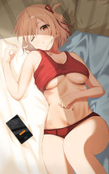 Rule 34 | 1girl, absurdres, bed sheet, blonde hair, breasts, cathy idx, cellphone, crop top, hair ribbon, highres, lace, lace-trimmed panties, lace trim, large breasts, looking at viewer, lycoris recoil, lying, navel, nishikigi chisato, on back, one eye closed, one side up, panties, parted lips, phone, fake phone screenshot, pillow, red eyes, red panties, red ribbon, red tank top, ribbon, short hair, smartphone, solo, stomach, tank top, thighs, timestamp, underwear