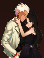 Rule 34 | 1boy, 1girl, archer (fate), black dress, black hair, brown background, brown eyes, dark skin, dark-skinned male, dress, closed eyes, fate/stay night, fate (series), hair over one eye, hand in pocket, highres, long hair, looking at viewer, makise minami, short hair, silver hair, simple background, strapless, strapless dress, tohsaka rin, twintails