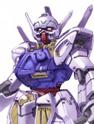 Rule 34 | armor, blurry, cowboy shot, depth of field, foreshortening, gundam, joints, looking at viewer, mecha, no humans, robot, robot joints, simple background, solo, standing, tanimeso, turn a gundam, turn a gundam (mobile suit), white background, yellow eyes