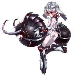 Rule 34 | 1girl, abyssal ship, animal ears, ass, back, battleship girl, belt buckle, black footwear, breasts, buckle, closed mouth, covered erect nipples, eyebrows, full body, fur, glowing, glowing eyes, grey hair, hair between eyes, high heels, highres, hooves, looking at viewer, orb, quuni, red eyes, revealing clothes, shoes, short hair, simple background, small breasts, solo, standing, standing on one leg, strap gap, thong, underboob, white background