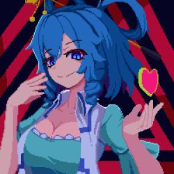 Rule 34 | 1girl, blue dress, blue eyes, blue hair, breasts, brodall pixel, cleavage, closed mouth, commentary, diagonal stripes, dress, drill hair, drill sidelocks, english commentary, hair between eyes, hair ornament, hair rings, hair stick, hands up, heart, kaku seiga, medium breasts, medium hair, pixel art, sidelocks, simple background, smile, solo, striped, touhou, upper body, vest, white vest, wing collar