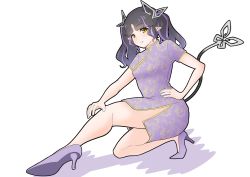 Rule 34 | 1girl, nanashi inc., black hair, blush, breasts, china dress, chinese clothes, closed mouth, commentary request, demon girl, demon horns, demon tail, dress, full body, hand on own hip, high heels, highres, horns, kojo anna, long hair, looking at viewer, medium breasts, multicolored hair, pointy ears, purple dress, purple footwear, purple hair, robou no stone, short dress, short sleeves, simple background, smile, solo, sugar lyric, tail, two-tone hair, two side up, virtual youtuber, white background, yellow eyes