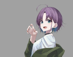 Rule 34 | 1girl, :o, ahoge, asakura toru, blue hair, ear piercing, earrings, gao, green jacket, grey background, highres, idolmaster, idolmaster shiny colors, jacket, jewelry, looking at viewer, looking to the side, multicolored hair, nail polish, neck ring, parted bangs, piercing, purple hair, short hair, simple background, solo, sorazee12, upper body