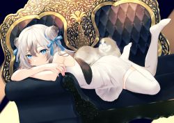 Rule 34 | 1girl, achiki, bad id, bad twitter id, blue eyes, blue ribbon, blush, cat, commentary, couch, covered mouth, double bun, dress, dutch angle, foot up, grey hair, hair between eyes, hair bun, hair ribbon, long hair, looking at viewer, lying, on stomach, original, ribbon, sidelocks, sleeveless, sleeveless dress, thighhighs, white dress, white thighhighs
