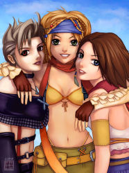 Rule 34 | 00s, 3girls, :d, bare shoulders, belt, belt pouch, bikini, bikini top only, blonde hair, blush, braid, brown hair, cowboy shot, final fantasy, final fantasy x, final fantasy x-2, fingerless gloves, gloves, green eyes, grin, headband, heterochromia, hug, looking at viewer, looking back, midriff, multiple braids, multiple girls, navel, open mouth, paine, paine (ff10), pocket, pouch, red eyes, red scarf, rikku (ff10), scarf, silver hair, smile, spiked hair, stomach, swimsuit, teeth, yuna, yuna (ff10)