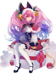 Rule 34 | 1girl, 8bupolbwaxx2mve, bell, black footwear, blue hair, box, capelet, christmas, cleo (dragalia lost), dragalia lost, fingerless gloves, full body, gift, gift box, gloves, hair bell, hair between eyes, hair ornament, highres, long hair, looking to the side, multicolored hair, official alternate costume, open mouth, pink eyes, pink hair, sitting, sitting on box, solo, thighhighs, two-tone hair, very long hair, white background