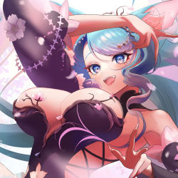 Rule 34 | 1girl, animal ears, black kimono, black sleeves, blue eyes, blue hair, breasts, cherry blossom print, cherry blossoms, cleavage, clothing cutout, commentary, detached sleeves, english commentary, fangs, floral print, highres, hip vent, japanese clothes, kimono, large breasts, long hair, looking at viewer, multicolored hair, navel, navel cutout, open mouth, pink hair, silvervale, silvervale (sakura goddess), streaked hair, very long hair, virtual youtuber, vshojo, wolf ears, wolf girl, yuarima2
