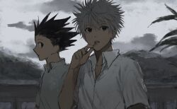 Rule 34 | 2boys, black hair, candy, child, food, gon freecss, highres, hunter x hunter, killua zoldyck, lollipop, looking at another, looking to the side, male focus, multiple boys, outdoors, profile, ra yu, shirt, short hair, short sleeves, spiked hair, upper body, white hair, white shirt