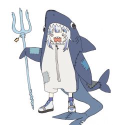 Rule 34 | 1girl, animal costume, blue hair, fins, fish tail, gawr gura, highres, holding, holding weapon, hololive, hololive english, multicolored hair, open mouth, polearm, quasarcake, shark costume, shark tail, sharp teeth, silver hair, solo, streaked hair, tail, teeth, trident, virtual youtuber, weapon, white background, white eyes, white footwear