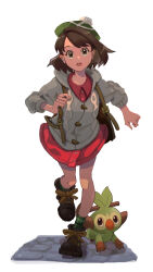 Rule 34 | 1girl, :o, backpack, bag, bob cut, boots, brown bag, brown eyes, brown footwear, brown hair, buttons, cable knit, cardigan, collared dress, commentary request, creatures (company), dress, game freak, gen 8 pokemon, gloria (pokemon), green headwear, green socks, grey cardigan, grookey, hat, highres, holding strap, hooded cardigan, isaka (221175), knees, leg up, looking at viewer, nintendo, open mouth, pink dress, plaid socks, pokemon, pokemon (creature), pokemon swsh, short hair, socks, standing, standing on one leg, tam o&#039; shanter, teeth, tongue, upper teeth only, white background