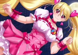 Rule 34 | 1girl, black background, blonde hair, breasts, choker, clover ornament, collarbone, cure peach, dress, dutch angle, earrings, fresh precure!, hair between eyes, hair ornament, heart, heart earrings, heart hair ornament, highres, jewelry, medium breasts, momozono love, pink choker, pink dress, pink eyes, precure, puffy short sleeves, puffy sleeves, short sleeves, smile, twintails, wavelevel5