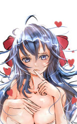 Rule 34 | 1girl, ahoge, bad id, bad pixiv id, bare shoulders, blue eyes, blue hair, bow, bra, breasts, cleavage, collarbone, drawfeeling, finger to mouth, hair between eyes, hair bow, hand on breast, hand on own chest, heart, huge breasts, long hair, looking at viewer, matching hair/eyes, messy hair, original, red bow, simple background, solo, strapless, strapless bra, underwear, upper body, white background, white bra