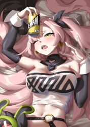 Rule 34 | 1girl, absurdres, arm up, black ribbon, blush, breasts, detached sleeves, green eyes, hair ribbon, hand up, head tilt, highres, large breasts, long hair, long sleeves, midriff, navel, nicole demara, one eye closed, open mouth, pink hair, ribbon, solo, stomach, strapless, tube top, two side up, upper body, very long hair, yan (unicorn404), zenless zone zero